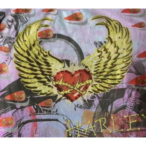 Vintage 90s Harley Davidson Women’s Mesh Long Sleeve Top Rhinestones Size S Y2K - Picture 3 of 5